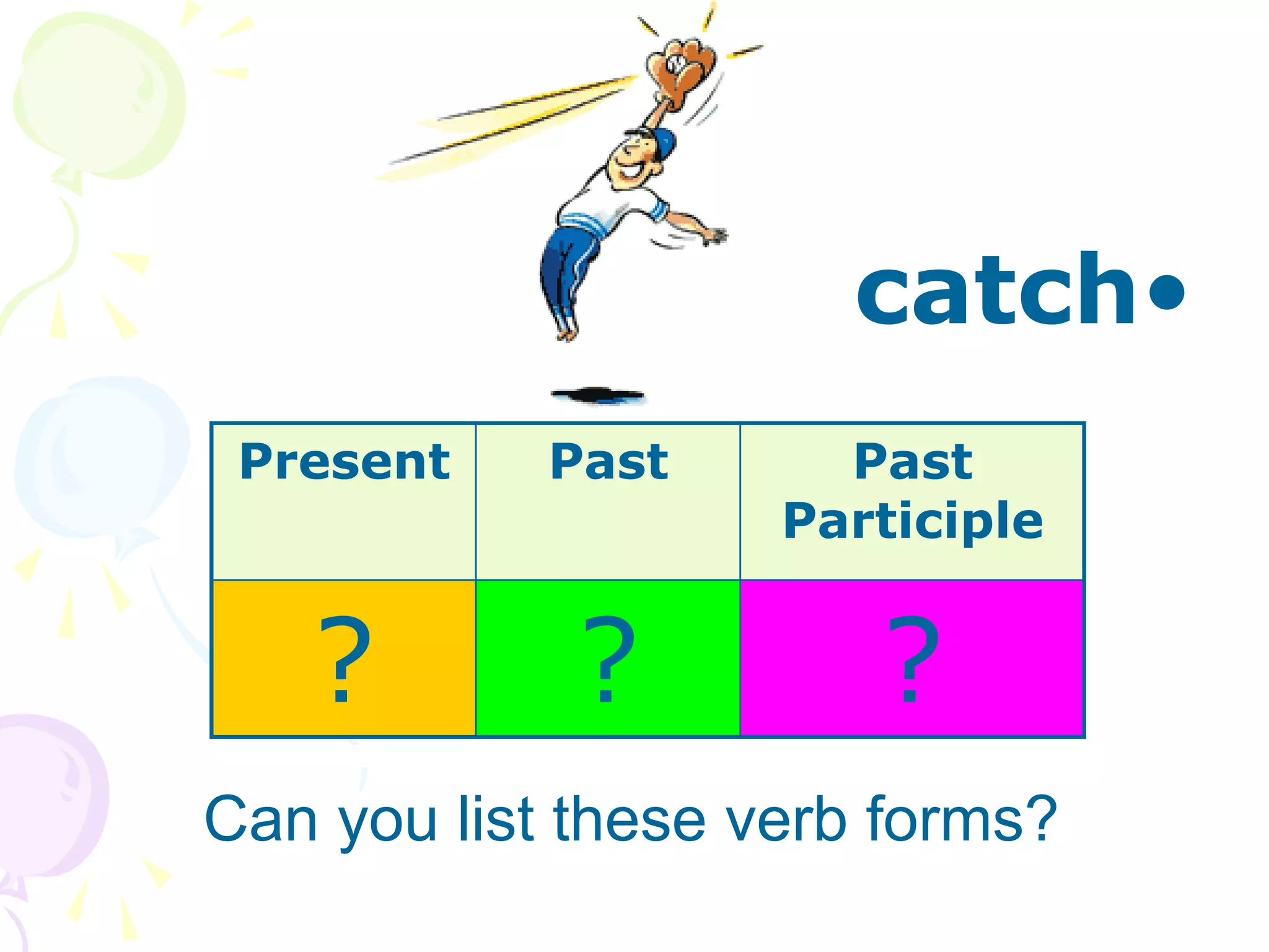 •
catch
Can you list these verb forms?
Present Past Past
Participle
? ? ?
 