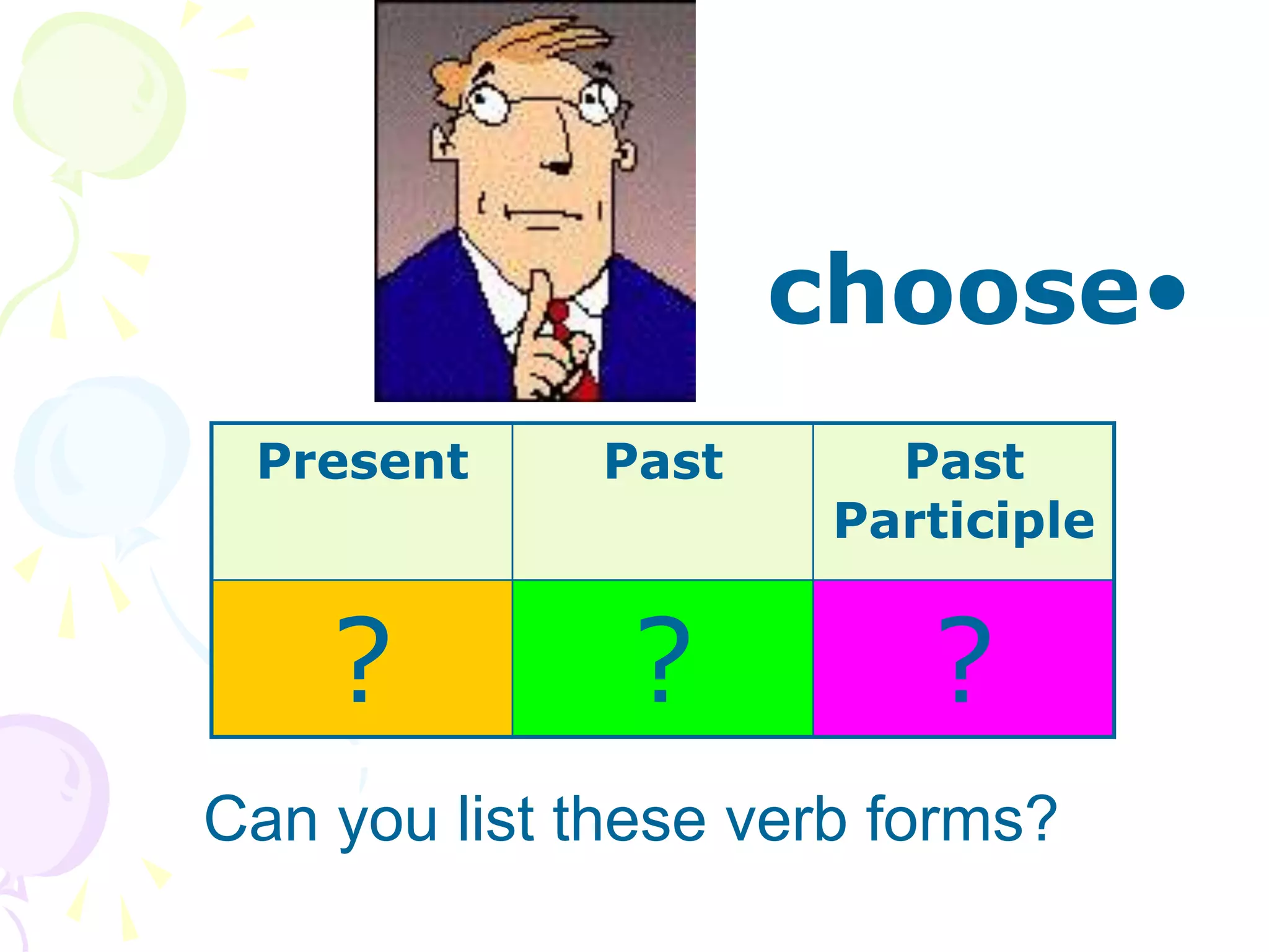 •
choose
Can you list these verb forms?
Present Past Past
Participle
? ? ?
 