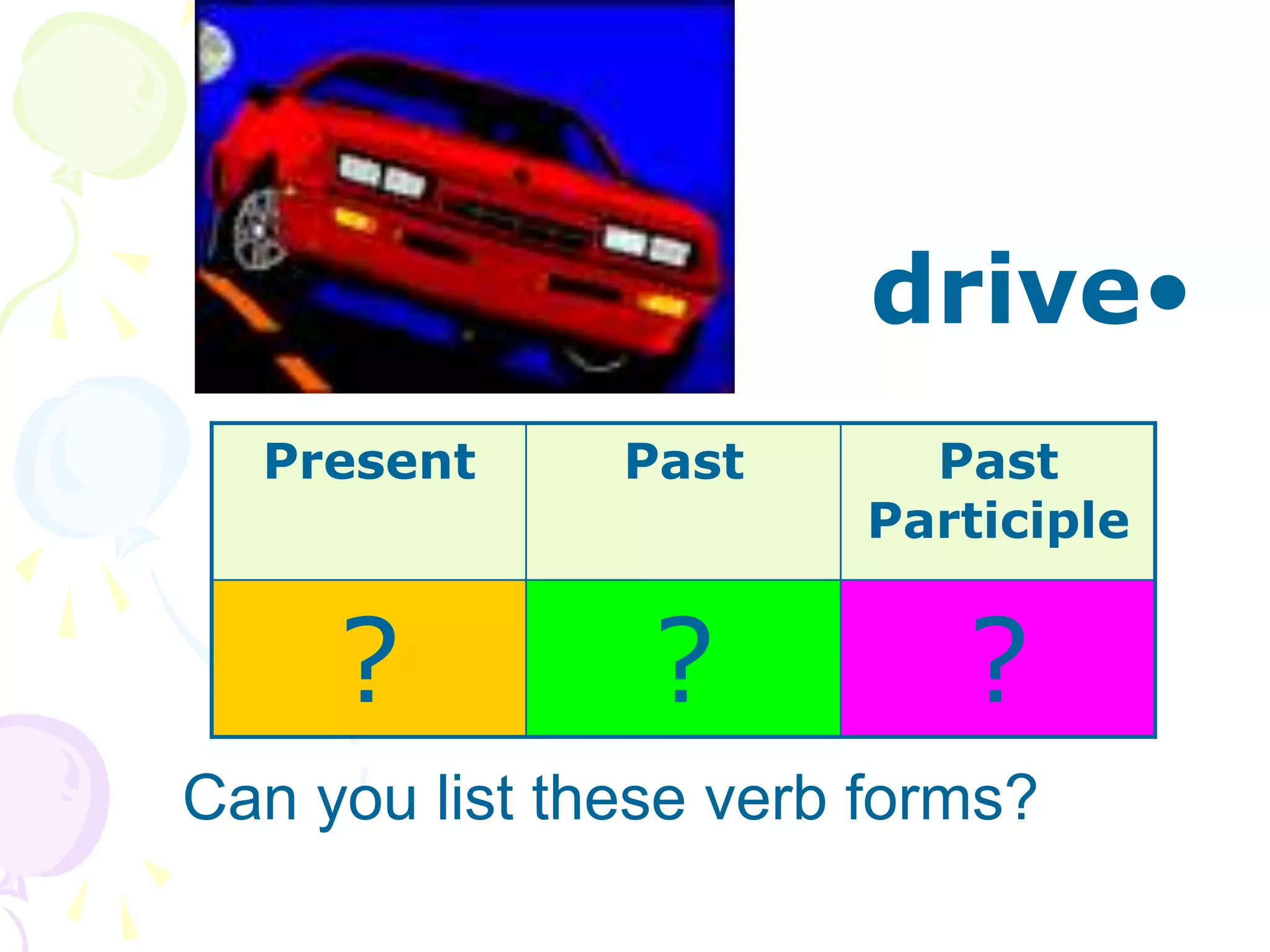 •
drive
Can you list these verb forms?
Present Past Past
Participle
? ? ?
 