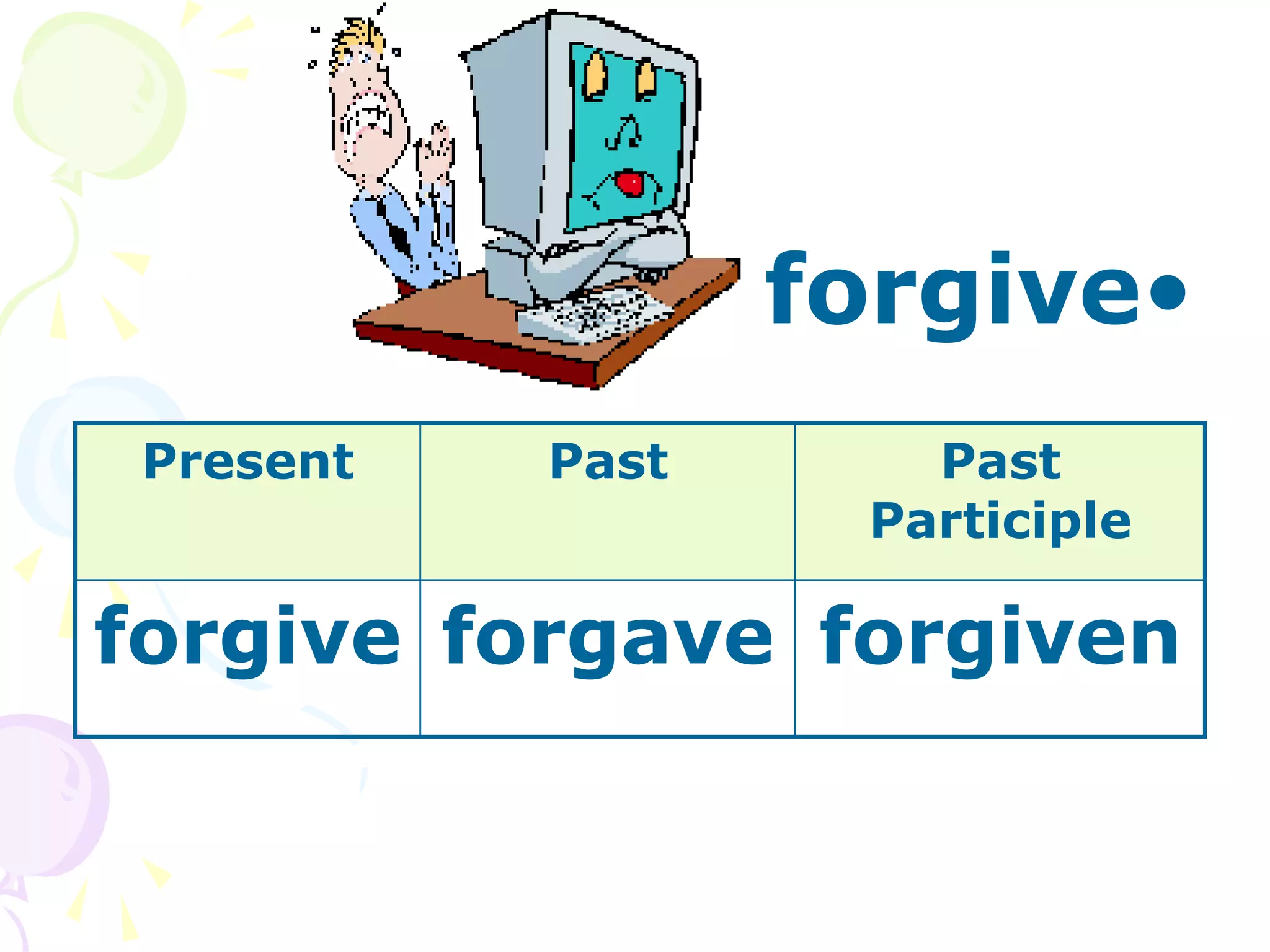 •
forgive
Present Past Past
Participle
forgive forgave forgiven
 