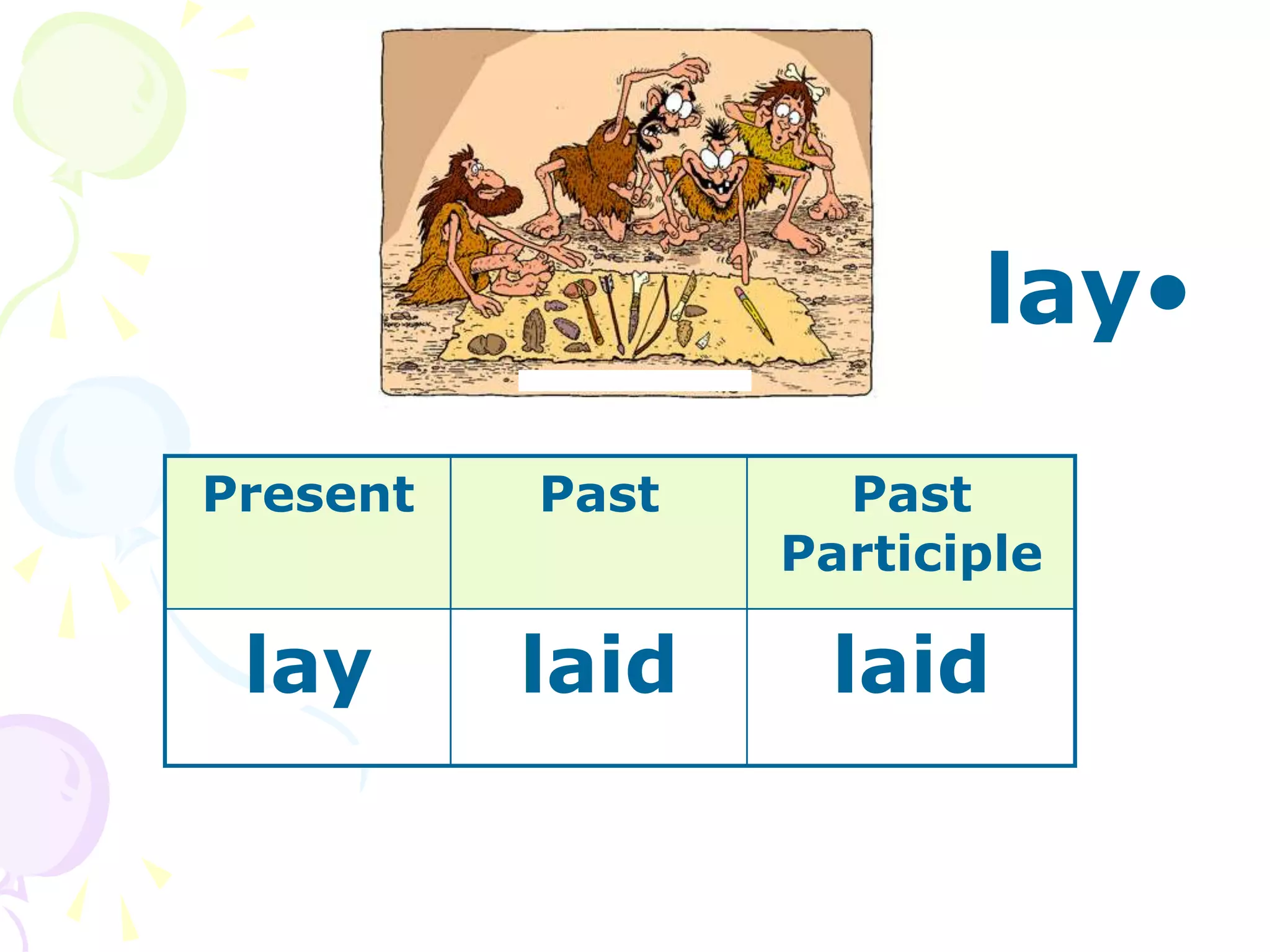 •
lay
Present Past Past
Participle
lay laid laid
 