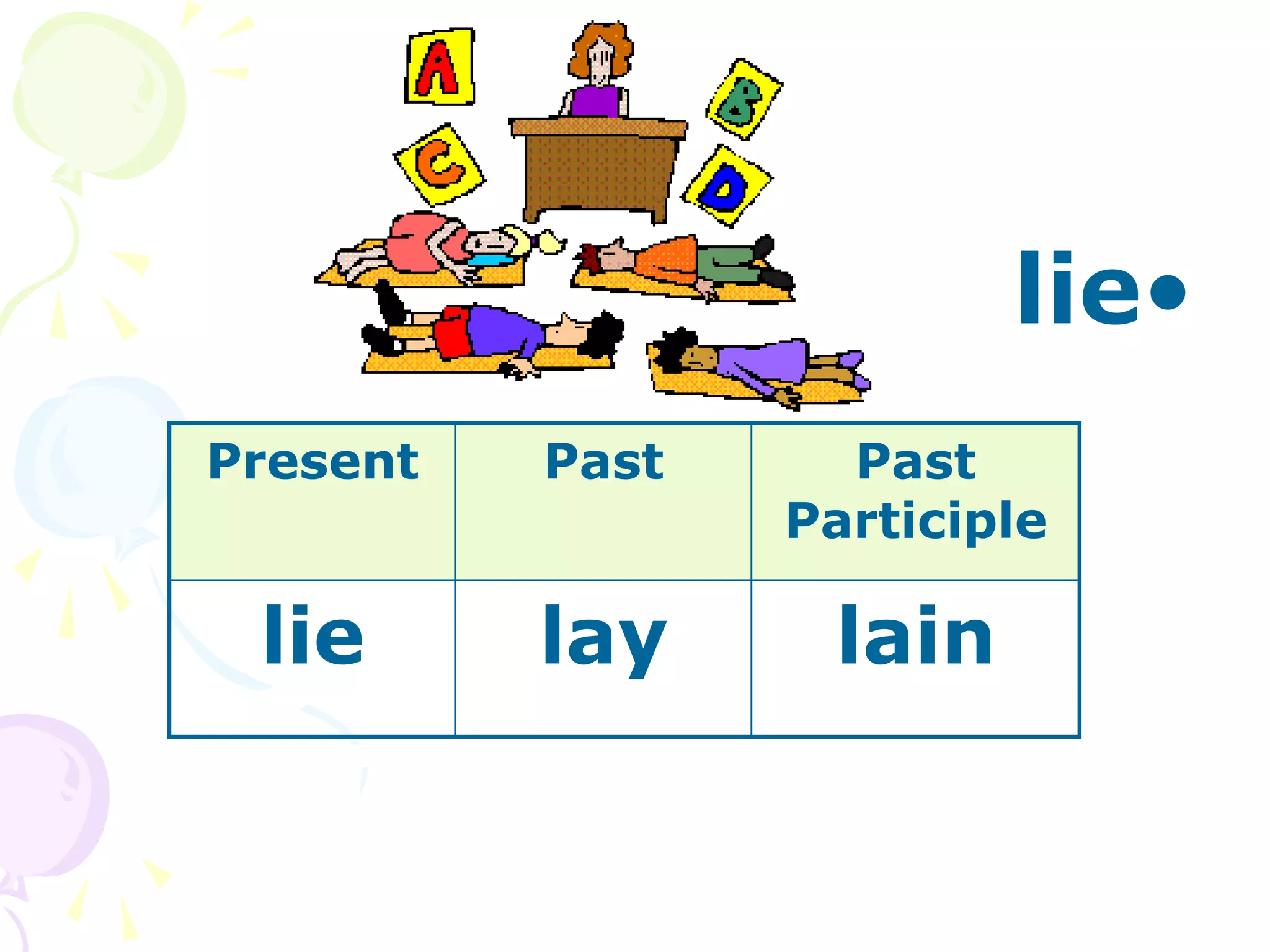 •
lie
Present Past Past
Participle
lie lay lain
 
