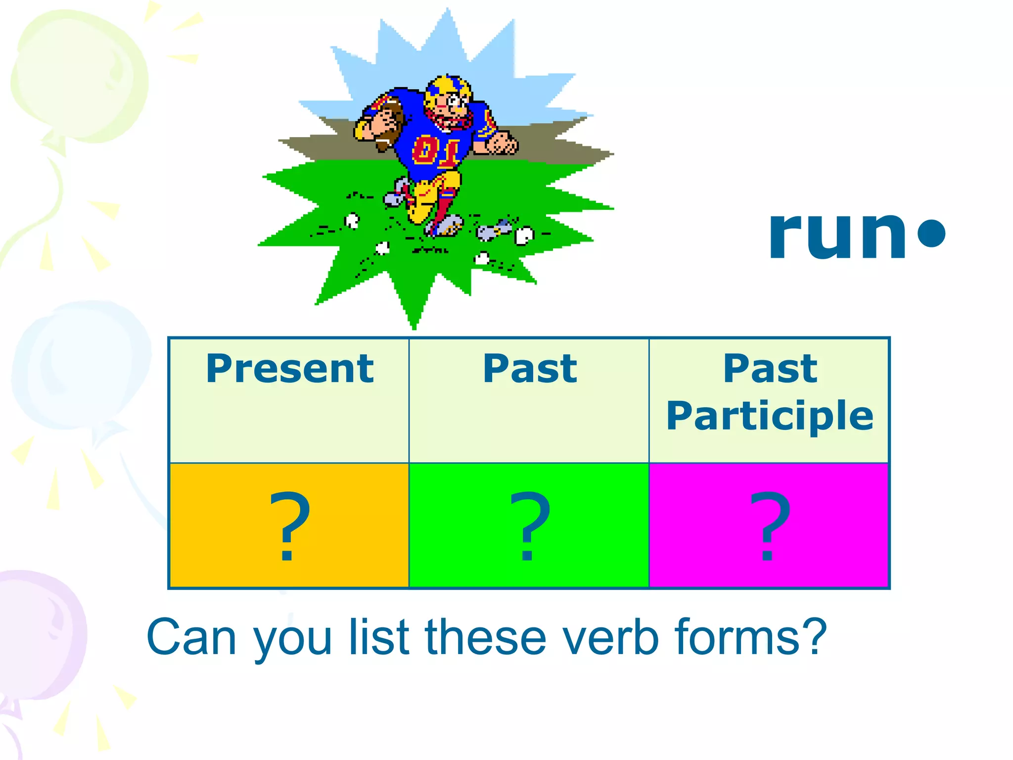 •
run
Can you list these verb forms?
Present Past Past
Participle
? ? ?
 