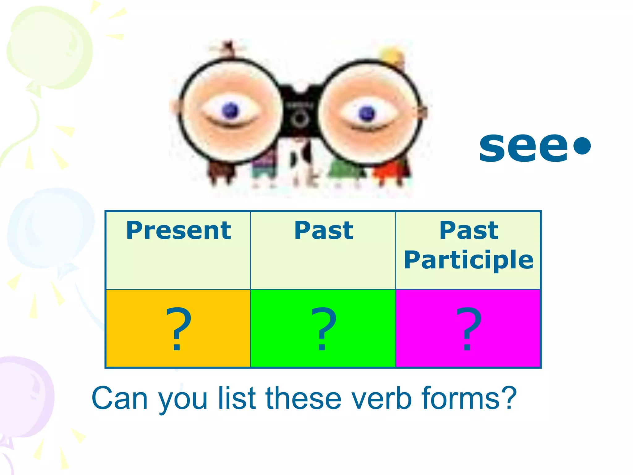 •
see
Can you list these verb forms?
Present Past Past
Participle
? ? ?
 