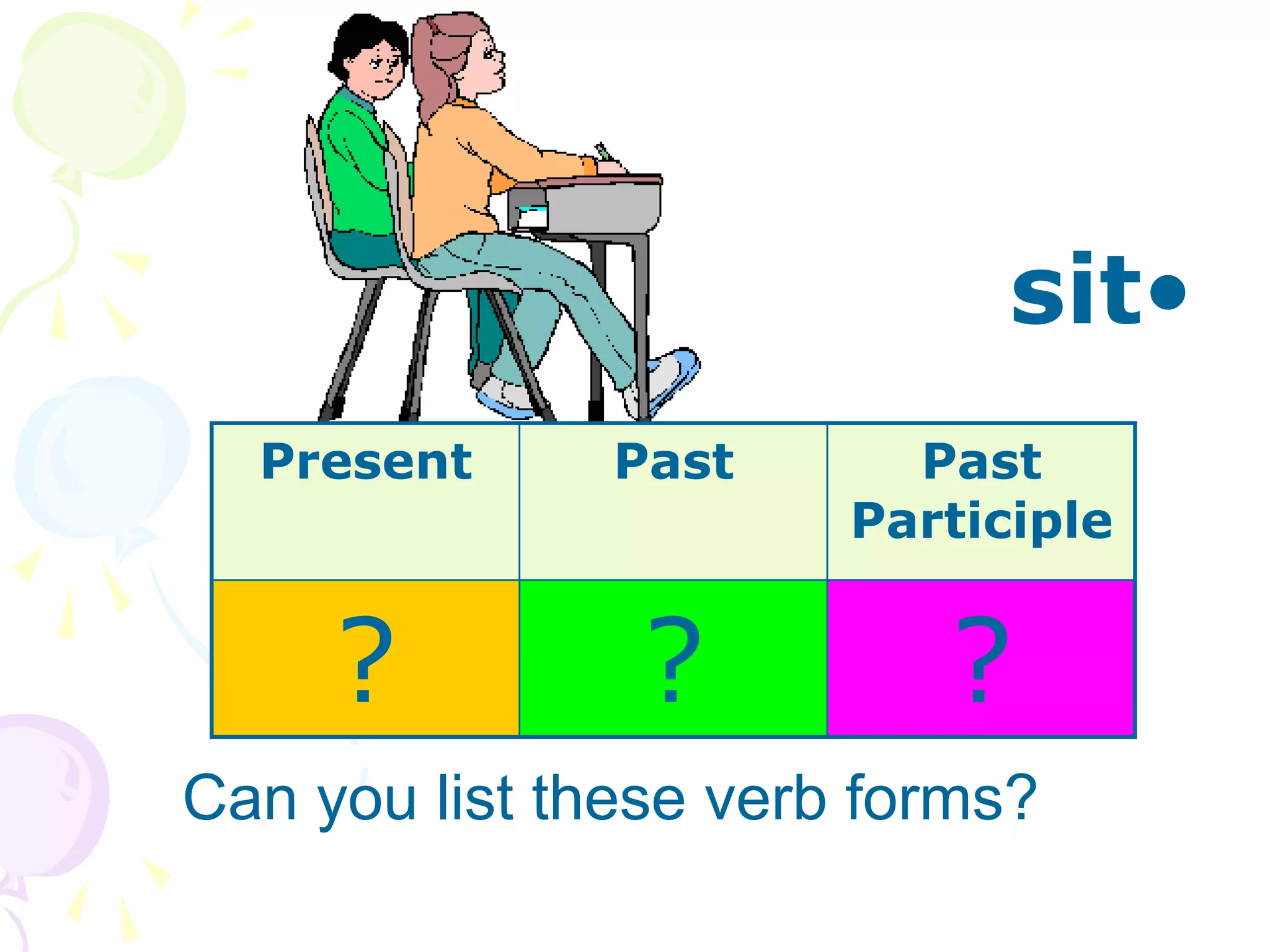 •
sit
Can you list these verb forms?
Present Past Past
Participle
? ? ?
 