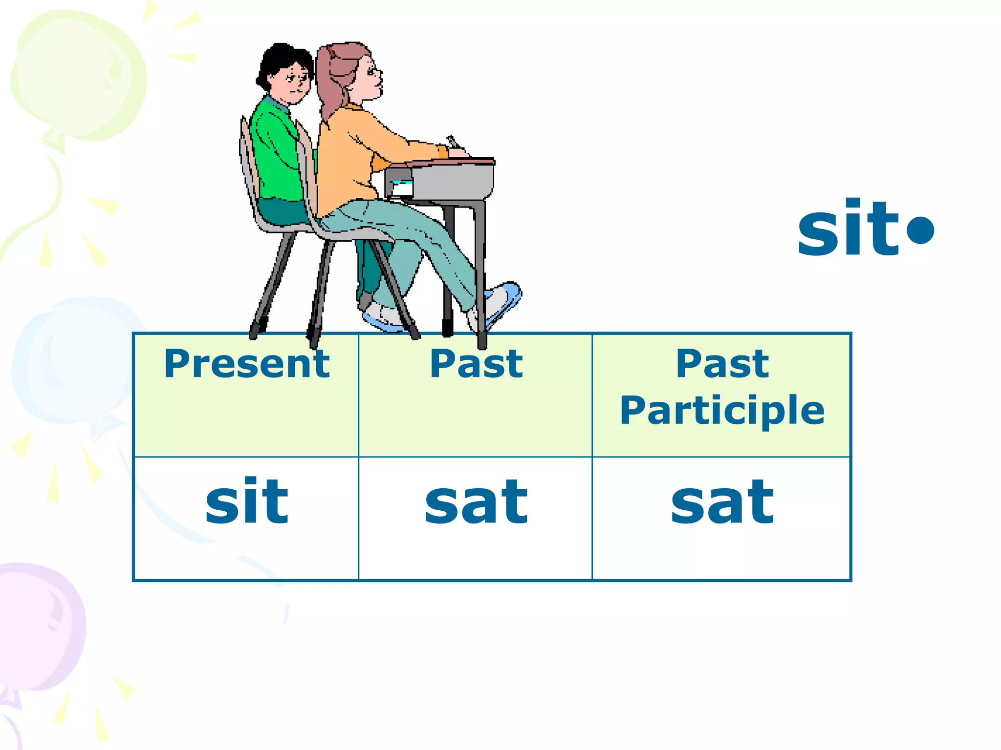 •
sit
Present Past Past
Participle
sit sat sat
 