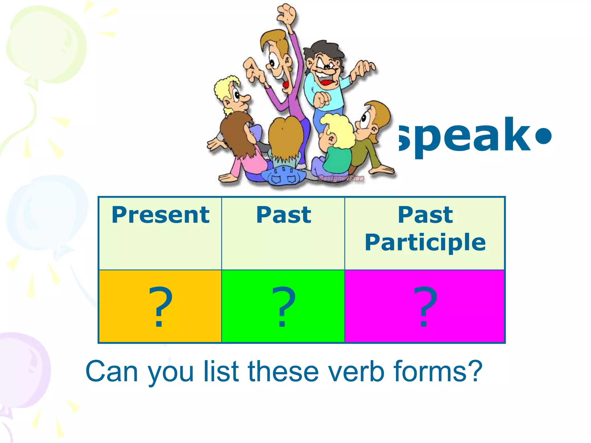•
speak
Can you list these verb forms?
Present Past Past
Participle
? ? ?
 