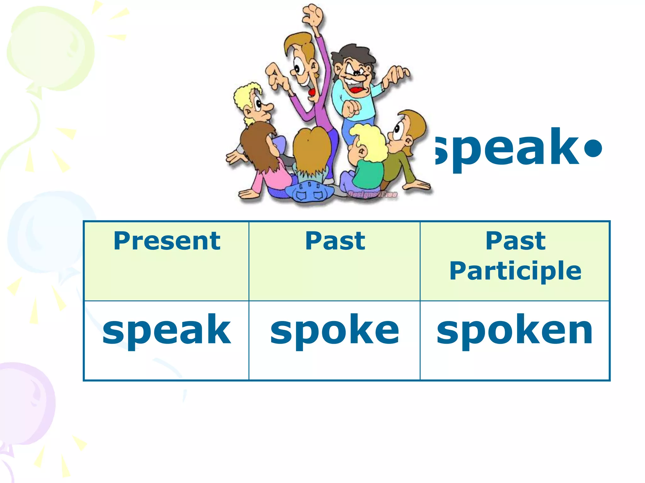•
speak
Present Past Past
Participle
speak spoke spoken
 