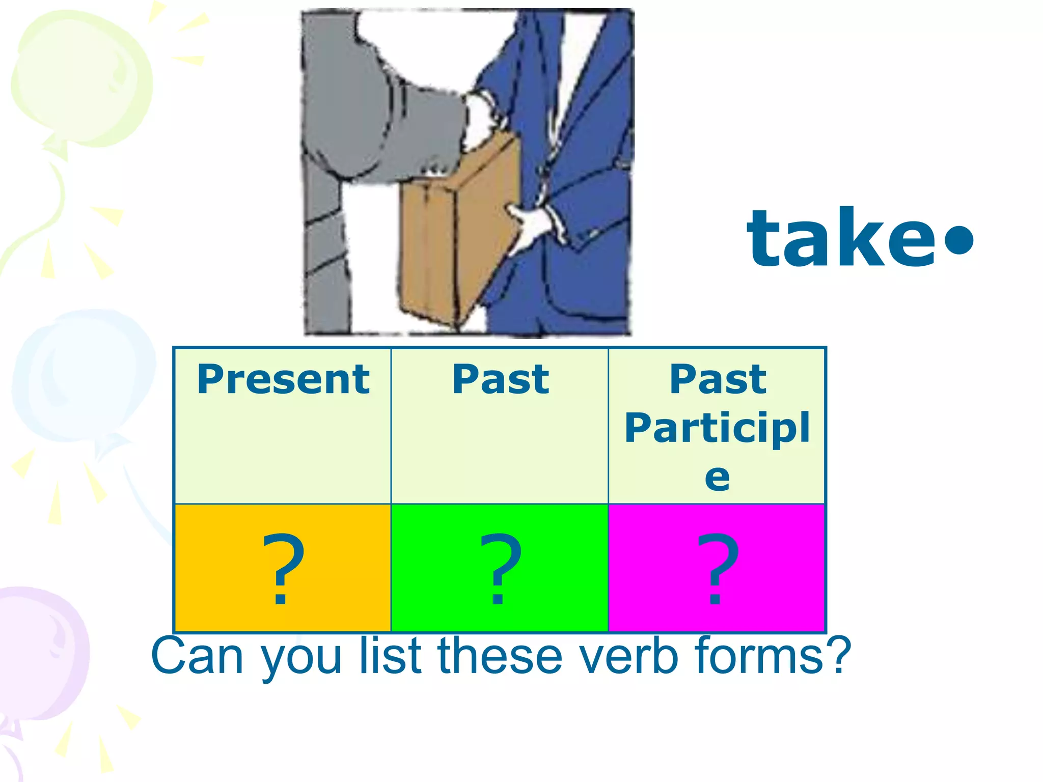 •
take
Can you list these verb forms?
Present Past Past
Participl
e
? ? ?
 