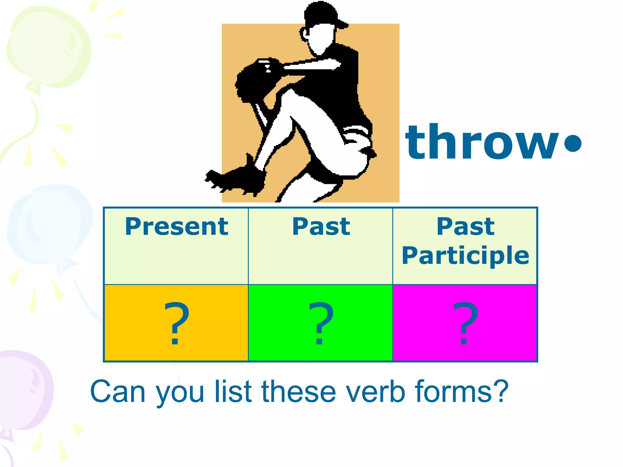 •
throw
Can you list these verb forms?
Present Past Past
Participle
? ? ?
 