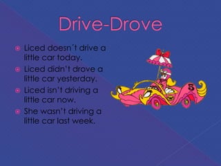  Liced doesn´t drive a
little car today.
 Liced didn’t drove a
little car yesterday.
 Liced isn’t driving a
little car now.
 She wasn’t driving a
little car last week.
 