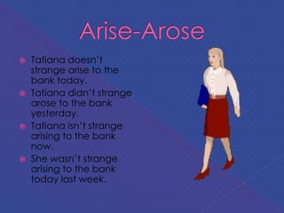  Tatiana doesn’t
strange arise to the
bank today.
 Tatiana didn’t strange
arose to the bank
yesterday.
 Tatiana isn’t strange
arising to the bank
now.
 She wasn’t strange
arising to the bank
today last week.
 