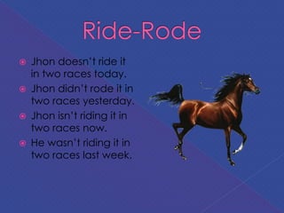  Jhon doesn’t ride it
in two races today.
 Jhon didn’t rode it in
two races yesterday.
 Jhon isn’t riding it in
two races now.
 He wasn’t riding it in
two races last week.
 