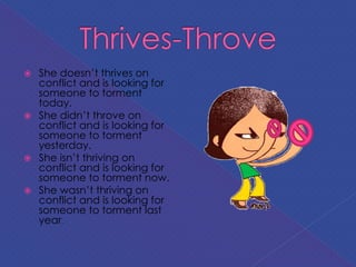  She doesn’t thrives on
conflict and is looking for
someone to torment
today.
 She didn’t throve on
conflict and is looking for
someone to torment
yesterday.
 She isn’t thriving on
conflict and is looking for
someone to torment now.
 She wasn’t thriving on
conflict and is looking for
someone to torment last
year.
 