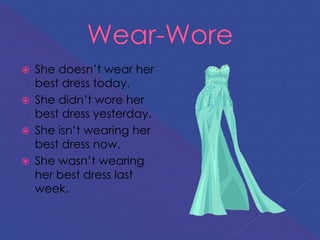  She doesn’t wear her
best dress today.
 She didn’t wore her
best dress yesterday.
 She isn’t wearing her
best dress now.
 She wasn’t wearing
her best dress last
week.
 
