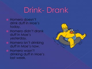  Homero doesn’t
drink duff in Moe’s
today.
 Homero didn’t drank
duff in Moe’s
yesterday.
 Homero isn’t drinking
duff in Moe’s now.
 Homero wasn’t
drinking duff in Moe’s
last week.
 