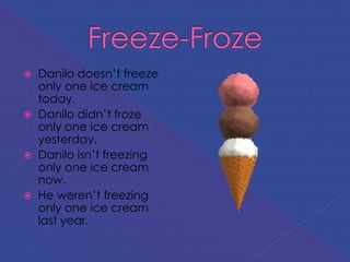  Danilo doesn’t freeze
only one ice cream
today.
 Danilo didn’t froze
only one ice cream
yesterday.
 Danilo isn’t freezing
only one ice cream
now.
 He weren’t freezing
only one ice cream
last year.
 