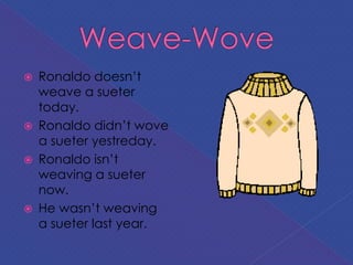  Ronaldo doesn’t
weave a sueter
today.
 Ronaldo didn’t wove
a sueter yestreday.
 Ronaldo isn’t
weaving a sueter
now.
 He wasn’t weaving
a sueter last year.
 