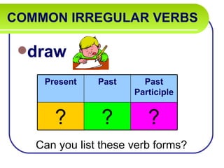 COMMON IRREGULAR VERBS   draw Can you list these verb forms? Present Past Past Participle ? ? ? 