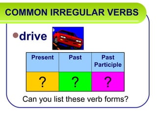 COMMON IRREGULAR VERBS   drive Can you list these verb forms? Present Past Past Participle ? ? ? 