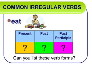 COMMON IRREGULAR VERBS   eat Can you list these verb forms? Present Past Past Participle ? ? ? 