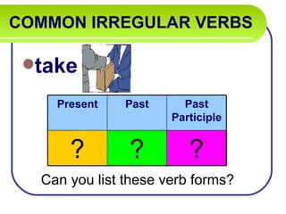COMMON IRREGULAR VERBS   take Can you list these verb forms? Present Past Past Participle ? ? ? 