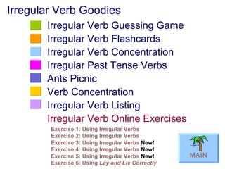 Irregular Verb Goodies Irregular Verb Guessing Game Irregular Verb Flashcards Irregular Verb Concentration Irregular Past Tense Verbs Ants Picnic Verb Concentration Irregular Verb Listing Irregular Verb Online Exercises Exercise 1: Using Irregular Verbs   Exercise 2: Using Irregular Verbs   Exercise 3: Using Irregular Verbs  New!   Exercise 4: Using Irregular Verbs  New!   Exercise 5: Using Irregular Verbs   New!   Exercise 6: Using  Lay  and  Lie  Correctly   MAIN 
