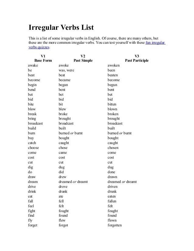 irregular verbs list verbs list