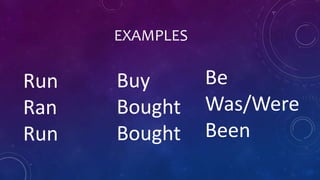 EXAMPLES 
Run 
Ran 
Run 
Buy 
Bought 
Bought 
Be 
Was/Were 
Been 
 