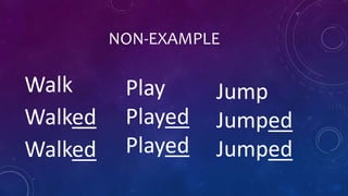 NON-EXAMPLE 
Walk 
Walked 
Walked 
Play 
Played 
Played 
Jump 
Jumped 
Jumped 
 