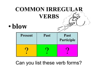 COMMON IRREGULAR
VERBS
• blow
Present Past Past
Participle
? ? ?
Can you list these verb forms?
 