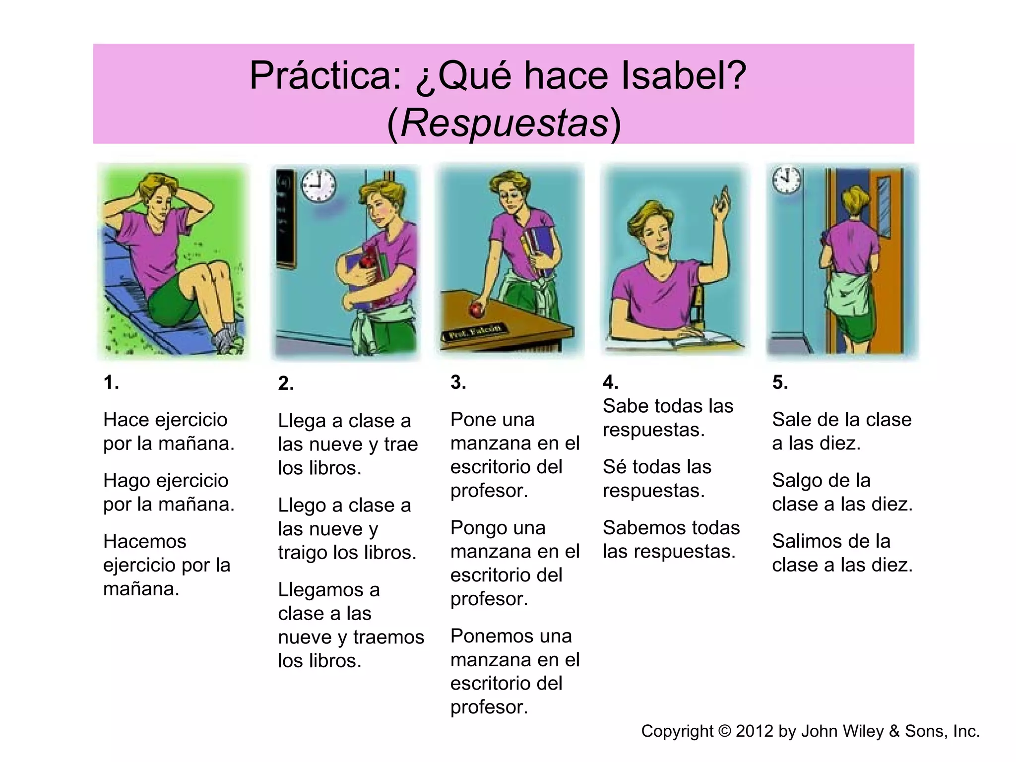 Práctica: ¿Qué hace Isabel?
                           (Respuestas)




1.                  2.                   3.               4.                  5.
                                                          Sabe todas las
Hace ejercicio      Llega a clase a      Pone una                             Sale de la clase
                                                          respuestas.
por la mañana.      las nueve y trae     manzana en el                        a las diez.
                    los libros.          escritorio del   Sé todas las
Hago ejercicio                                                                Salgo de la
                                         profesor.        respuestas.
por la mañana.      Llego a clase a                                           clase a las diez.
                    las nueve y          Pongo una        Sabemos todas
Hacemos                                                                       Salimos de la
                    traigo los libros.   manzana en el    las respuestas.
ejercicio por la                                                              clase a las diez.
                                         escritorio del
mañana.             Llegamos a           profesor.
                    clase a las
                    nueve y traemos      Ponemos una
                    los libros.          manzana en el
                                         escritorio del
                                         profesor.
                                                              Copyright © 2012 by John Wiley & Sons, Inc.
 