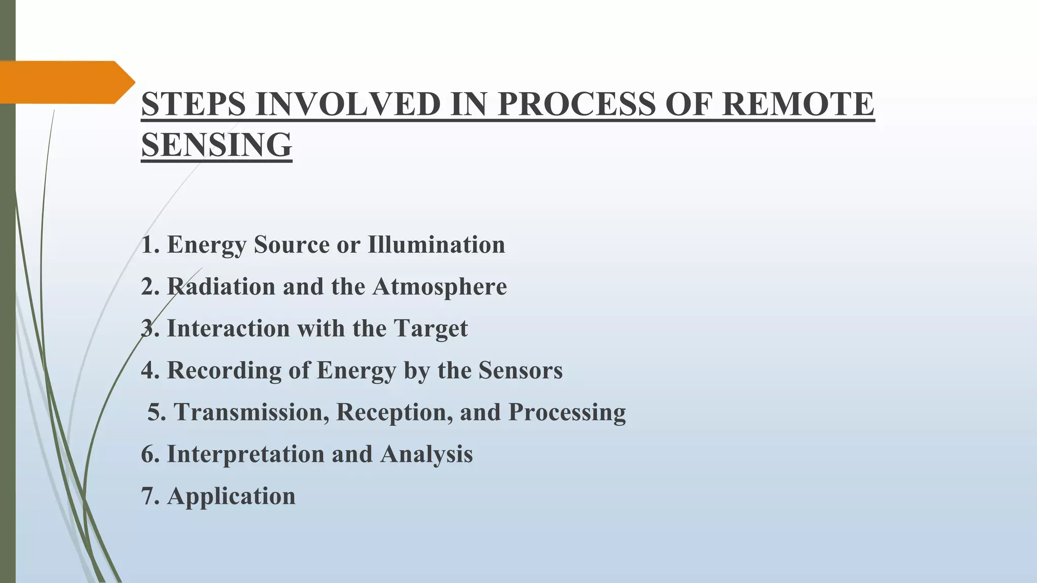 STEPS INVOLVED IN PROCESS OF REMOTE
SENSING
1. Energy Source or Illumination
2. Radiation and the Atmosphere
3. Interaction with the Target
4. Recording of Energy by the Sensors
5. Transmission, Reception, and Processing
6. Interpretation and Analysis
7. Application
 