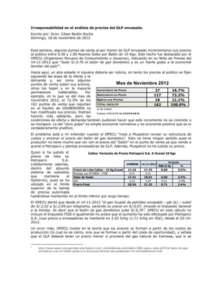 Irresponsabilidad en el análisis de precios del GLP envasado.
Escrito por: Econ. César Bedón Rocha
Domingo, 18 de noviembre de 2012


Esta semana, algunos puntos de venta al por menor de GLP envasado incrementaron sus precios
al público entre 0.50 y 1.00 Nuevos Soles por Balón de 10 Kgs. Este hecho fue destacado por el
OPECU (Organismo Peruano de Consumidores y Usuarios), indicando en su Nota de Prensa del
14-11-2012 que “Sube S/.0.70 el balón de gas doméstico y es un fuerte golpe a la economía
familiar del país”1.
Hasta aquí, un alza aislada ni siquiera debería ser noticia, en tanto los precios al público se fijan
siguiendo las leyes de la oferta y la
demanda y, así como algunos
puntos de venta suben sus precios,                             Mes de Noviembre 2012
otros los bajan y en la mayoría          Aum entaron de Precio                         27   16.7%
permanecen       inalterables.    Por
ejemplo, en lo que va del mes de         Mantuvieron su Precio                         117  72.2%
noviembre 2012, el 72.2% de los          Bajaron sus Precios                           18   11.1%
162 puntos de venta que reportan         TOTAL FACILITO                                162 100.0%
en el Facilito de OSINERGMIN no          A l 18 - 11- 2 0 12
han modificado sus precios. Podrían      F ue nt e : F A C ILIT O de O S IN E R G M IN
hacerlo más adelante, pero las
condiciones de oferta y demanda también pudieran hacer que este incremento no se concrete o
se morigere. Lo del “duro golpe” es simple economía normativa y no economía positiva que es lo
verdaderamente analítico.
El problema está a mí entender cuando el OPECU “insta a Pluspetrol revisar su estructura de
costos y sincerar el precio del balón de gas doméstico”. Esto no tiene ningún sentido pues el
productor no tiene mucho que ver con el precio del “balón” en el punto de venta ya que vende a
granel a Petroperú y plantas envasadoras de GLP. Además, Pluspetrol no ha subido su precio.
Quien sí ha subido el             Callao: Variación de Precio Petroperú S.A. A Granel 10 Kgs
precio de lista es
Petroperú        S.A.
                                                                                        Variación
(válidamente además,                                        ANTERIOR 14/11/2012
                                                                                 PEN/10 Kg        %
dentro del absurdo Precio de Lista Callao - 10 Kg Granel 17.10         17.70       0.60         3.5%
sistema de subsidios Recargo Ley N°29852 - FISE               0.31      0.31
que     mantiene    el Valor de Venta                        17.41     18.01       0.60         3.4%
Gobierno), pues se ha IGV                                     3.13      3.24       0.11          3.4%
ubicado en el límite Precio Final                            20.54     21.25       0.71         3.4%
superior de la banda
de precios autorizada
habiéndose mantenido en el límite inferior por largo tiempo.
El OPECU alertó que desde el 14-11-2012 “el gas licuado de petróleo envasado - glp (e) – subió
de S/.2,02 a S/,2,09 por kilogramo, variando su precio en S/.0,07, incluido el Impuesto General
a la Ventas. Es decir que el balón de gas doméstico sube S/.0,70”. OPECU en este cálculo no
incluye el Impuesto FISE e igualmente no aclara que el aumento ha sido efectuado por Petroperú
S.A. cuyo precio a envasadoras se mantenía en 2.02 S/Kg (1.71 S/Kg sin IGV), desde el 25-10-
2012.
Un error más; OPECU insiste en la teoría que los precios se forman a partir de los costos de
producción (lo cual no es cierto, sino que se forman a partir del coste de oportunidad), y señala
que el GLP debería tener un precio menor si proviene del gas natural de Camisea, que si se


1
     http://www.opecu.org.pe/index.php?option=com_content&view=article&id=5481:opecu-sube-s070-el-balon-de-gas-
     domestico-y-es-un-fuerte-golpe-a-la-economia-familiar-del-pais&catid=14:noticias&Itemid=230
 