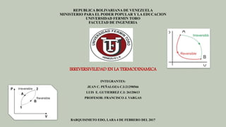 REPUBLICA BOLIVARIANA DE VENEZUELA
MINISTERIO PARA EL PODER POPULAR Y LA EDUCACION
UNIVERSIDAD FERMIN TORO
FACULTAD DE INGENERIA
IRREVERSIVILIDAD EN LA TERMODINAMICA
INTEGRANTES:
JEAN C. PEÑALOZA C.I:21298566
LUIS E. GUTIERREZ C.I: 26120613
PROFESOR: FRANCISCO J. VARGAS
BARQUISIMETO EDO, LARA 4 DE FEBRERO DEL 2017
 