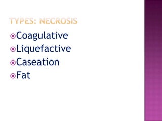 NuclearCytoplasmic changes :Cytoplasmiceosinophilia due to loss of normal basophilia& increased binding of eosin to denaturated proteins(Granular or homogenous glassy) Nuclear changes:Pyknosis: shrinkage-increased staining with haematoxylinKaryorrhexis: fragmentationKaryolysis: total disappearance