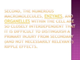 Second, the numerous macromolecules, enzymes, and organelles within the cell are so closely interdependent that it is difficult to distinguish a primary injury from secondary (and not necessarily relevant) ripple effects.
