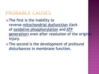 PROBABLE CAUSESThe first is the inability to reverse mitochondrial dysfunction (lack of oxidative phosphorylation and ATPgeneration) even after resolution of the original injury.The second is the development of profound disturbances in membrane function.