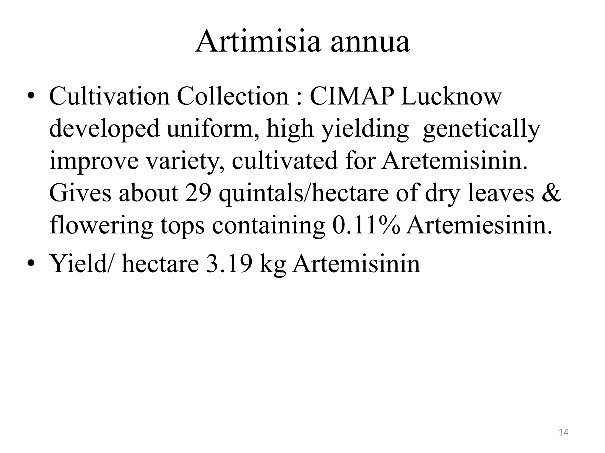 Artimisia annua
• Cultivation Collection : CIMAP Lucknow
developed uniform, high yielding genetically
improve variety, cultivated for Aretemisinin.
Gives about 29 quintals/hectare of dry leaves &
flowering tops containing 0.11% Artemiesinin.
• Yield/ hectare 3.19 kg Artemisinin
14
 