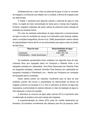 Estabelecendo-se o valor critico do potencial da água no solo no momento
de irrigação e conhecendo sua relação com a umidade, a lâmina de irrigação pode
ser determinada.
A Tabela 1 apresenta para algumas culturas o potencial de água no solo
critico, na região de maior concentração de raízes para o manejo das irrigações.
Portanto, irrigações realizadas até esses valores de potencial evitam redução de
produção por estresse hídrico.
Por meio de medições sistemáticas da água disponível e armazenamento
da água no solo em condições de campo e em laboratório para diversas regiões,
solos e condições topográficas, Brunini et al. (1998) apresentaram valores médios
de disponibilidade hídrica até 40 cm de profundidade para alguns solos do Estado
de São Paulo.
Tipos de solo Disponibilidade de água
(mm/cm)
Latossolos 0,85-1,05-1,25
Podzolizados – Areias Quartzosas 0,80
Os resultados apresentados foram avaliados nos seguintes tipos de solo:
Latossolo Roxo (em topografia plana em Campinas e Ribeirão Preto e em
topografia ondulada em Jaboticabal), Terra Roxa Estruturada (em Ribeirão Preto
em topografia ondulada), Latossolo Vermelho Fase Arenosa (em Jaboticabal em
topografia ondulada) e Podzolizado Lins – Marília (em Pindorama em condições
de topografia plana e ondulada).
Esses valores podem ser utilizados inicialmente para os tipos de solo
avaliados quando não houver a possibilidade da determinação da lâmina de
irrigação conforme as equações 5 e 6. Para a estimativa da lâmina de água são
necessários a profundidade do sistema radicular e o fator de depleção de água no
solo adequado a cultura em questão.
A estimativa do consumo de água pelas culturas (ETc) é importante tanto
na elaboração de projetos como para manejo das irrigações.
A evapotranspiração da cultura (ETc) pode ser medida diretamente por
lisímetros. Os lisímetros normalmente são utilizados para fins de pesquisa. Além
 