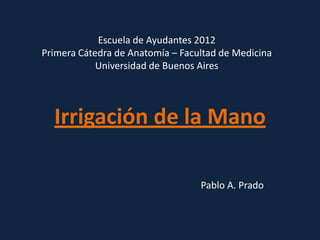 Escuela de Ayudantes 2012
Primera Cátedra de Anatomía – Facultad de Medicina
            Universidad de Buenos Aires




  Irrigación de la Mano

                                  Pablo A. Prado
 