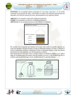 UNIVERSIDAD NACIONAL SAN CRISTÓBAL DE HUAMANGA – UNSCH
ESCUELA : INGENIERIA CIVIL
ASIGNATURA : IRRIGACION
SIGLA : IC-444
IRRIGACION
LABORATORIO N°1
4
TEXTURA: Es la cantidad relativa expresada en % de arena, %de limo y % de arcilla
contenida en una porción de suelo.- Este término se refiere a las diferentes proporciones de
separados en la fracción mineral del suelo, denominándose de la siguiente manera:
ARENAS: Si sus tamaños sonde 2.00 a 0.05mm de diámetro.
LIMOS: Si sus tamaños son de 0.05 a 0.002mm de diámetro.
ARCILLAS: Si sus tamaños son menores de 0.002mm de diámetro.
De acuerdo con el separado que domine en el suelo, éste recibe un nombre especial; así
como por ejemplo si domina la arena, el suelo se denomina arenoso o liviano; si domina la
arcilla se denomina arcilloso; si denomina el limo se denomina limoso, si hay una mezcla
adecuada de los tres separados se le domina franco o mediano.
Para determinar el % de arena, limo y arcilla se utilizo un cilindro de 1000cc y se le aplicó
40grs de la muestra pero esto puede variar de acuerdo con la la ley de STOKES que dice o
establece que las partículas que recorre se diferenciar de la siguiente manera:
 