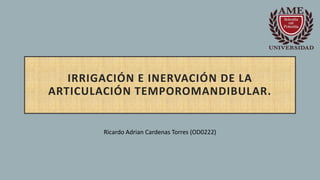 IRRIGACIÓN E INERVACIÓN DE LA
ARTICULACIÓN TEMPOROMANDIBULAR.
Ricardo Adrian Cardenas Torres (OD0222)
 