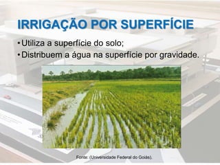 IRRIGAÇÃO POR SUPERFÍCIE
•Utiliza a superfície do solo;
•Distribuem a água na superfície por gravidade.
Fonte: (Universidade Federal do Goiás).
 