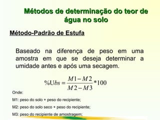 Métodos de determinação do teor deMétodos de determinação do teor de
água no soloágua no solo
Método-Padrão de Estufa
Baseado na diferença de peso em uma
amostra em que se deseja determinar a
umidade antes e após uma secagem.
100*
32
21
%U
MM
MM
bs
−
−
=
Onde:
M1: peso do solo + peso do recipiente;
M2: peso do solo seco + peso do recipiente;
M3: peso do recipiente de amostragem;
 