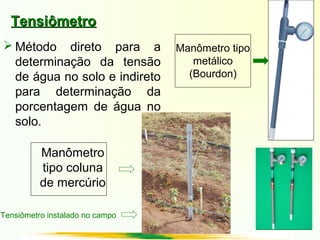 TensiômetroTensiômetro
 Método direto para a
determinação da tensão
de água no solo e indireto
para determinação da
porcentagem de água no
solo.
Tensiômetro instalado no campo
Manômetro tipo
metálico
(Bourdon)
Manômetro
tipo coluna
de mercúrio
 