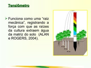  Funciona como uma “raiz
mecânica”, registrando a
força com que as raízes
da cultura extraem água
da matriz do solo (ALAN
e ROGERS, 2004).
TensiômetroTensiômetro
 