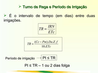  Turno de Rega e Período de IrrigaçãoTurno de Rega e Período de Irrigação
ETc
fZDaPmCc
TR
.10
..).( −
=
ETc
IRN
TR =
 É o intervalo de tempo (em dias) entre duas
irrigações.
PI ≤ TRPeríodo de irrigação
PI ≤ TR – 1 ou 2 dias folga
 