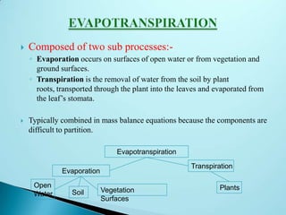  Composed of two sub processes:-
◦ Evaporation occurs on surfaces of open water or from vegetation and
ground surfaces.
◦ Transpiration is the removal of water from the soil by plant
roots, transported through the plant into the leaves and evaporated from
the leaf’s stomata.
 Typically combined in mass balance equations because the components are
difficult to partition.
Evapotranspiration
Evaporation
Transpiration
Open
Water Soil Vegetation
Surfaces
Plants
 