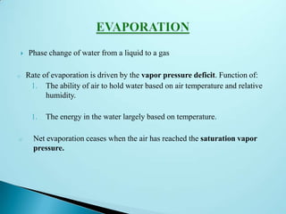  Phase change of water from a liquid to a gas
o Rate of evaporation is driven by the vapor pressure deficit. Function of:
1. The ability of air to hold water based on air temperature and relative
humidity.
1. The energy in the water largely based on temperature.
o Net evaporation ceases when the air has reached the saturation vapor
pressure.
 